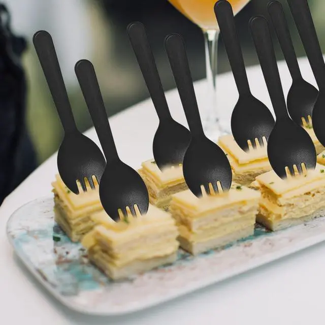 Alt view image 3 of 4 - Mini Plastic Sporks Disposable Individually Wrapped, Black Forks and Spoons 2 in 1 Party Supply 4.3" 100 PCS