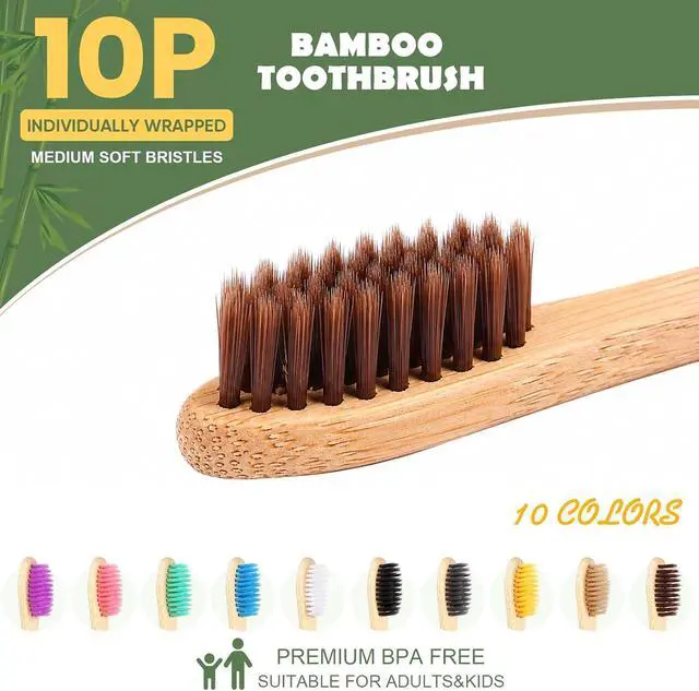 Alt view image 2 of 7 - 10 PCS Bamboo Toothbrushes, Individually Wrapped Wooden Toothbrushes Bulk