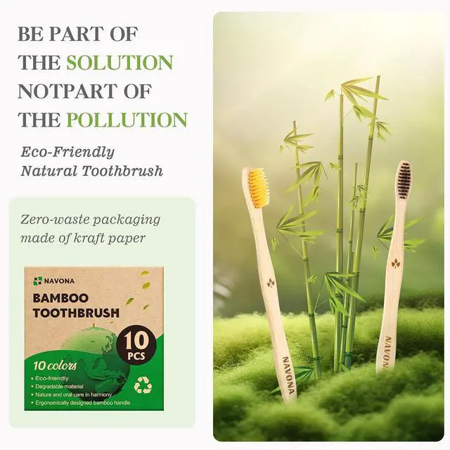 Alt view image 3 of 7 - 10 PCS Bamboo Toothbrushes, Individually Wrapped Wooden Toothbrushes Bulk