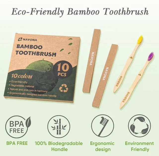 Alt view image 5 of 7 - 10 PCS Bamboo Toothbrushes, Individually Wrapped Wooden Toothbrushes Bulk