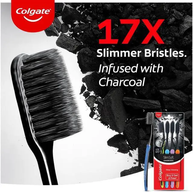 Alt view image 2 of 7 - Colgate SlimSoft Charcoal Toothbrush Set of 4 | Soft Bristles | Deep Cleaning