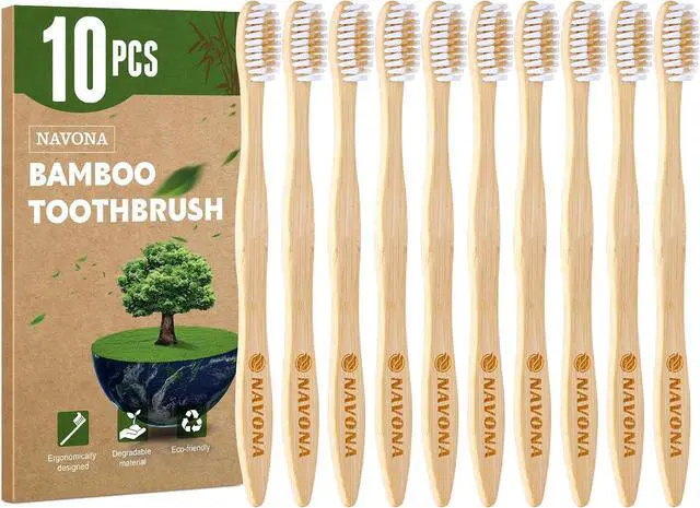 Main image of 10 PCS Bamboo Toothbrushes Pack, Natural & Eco-Friendly Wooden Toothbrush