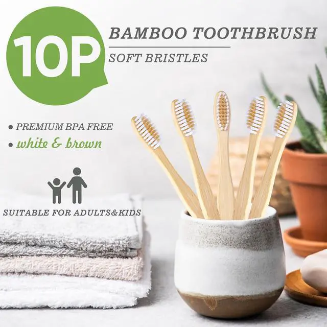 Alt view image 2 of 7 - 10 PCS Bamboo Toothbrushes Pack, Natural & Eco-Friendly Wooden Toothbrush