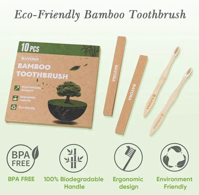 Alt view image 3 of 7 - 10 PCS Bamboo Toothbrushes Pack, Natural & Eco-Friendly Wooden Toothbrush