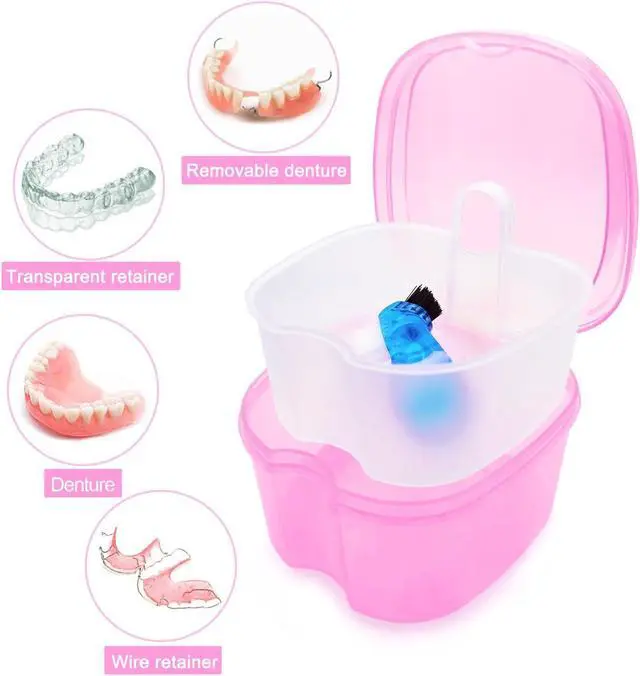 Alt view image 2 of 7 - Denture Bath Case Denture Soaking Cup with Brush, Denture Holder Case Retainer Cleaning Case False Teeth Storage Box for Travel and Daily Use