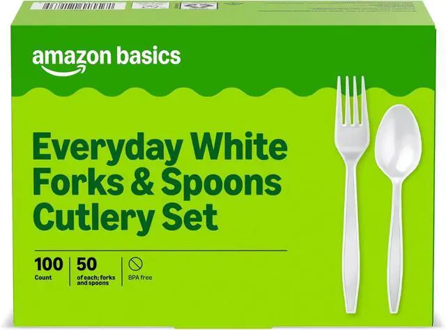 Main image of Amazon Basics Disposable Everyday White Forks & Spoons, 100 Count