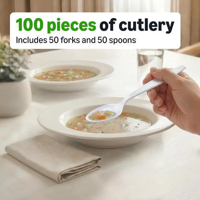 Alt view image 4 of 5 - Amazon Basics Disposable Everyday White Forks & Spoons, 100 Count