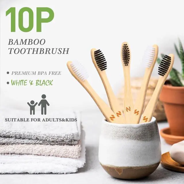 Alt view image 2 of 7 - 10 PCS Bamboo Toothbrushes, Individually Wrapped Wooden Toothbrushes Bulk