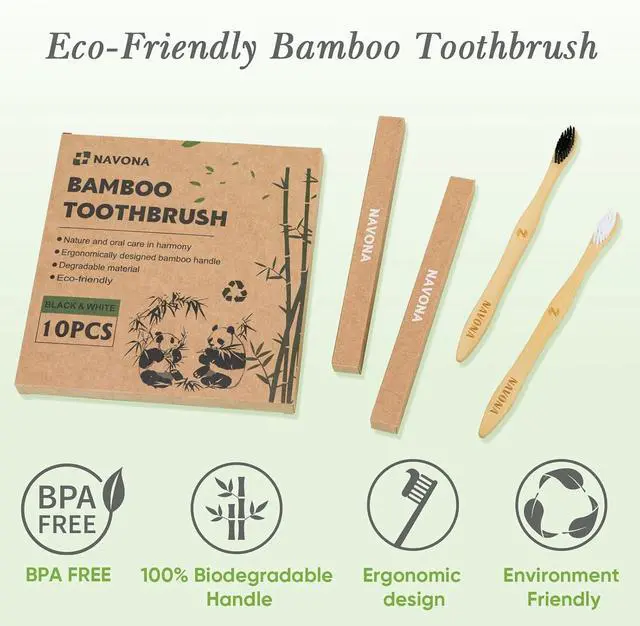 Alt view image 3 of 7 - 10 PCS Bamboo Toothbrushes, Individually Wrapped Wooden Toothbrushes Bulk