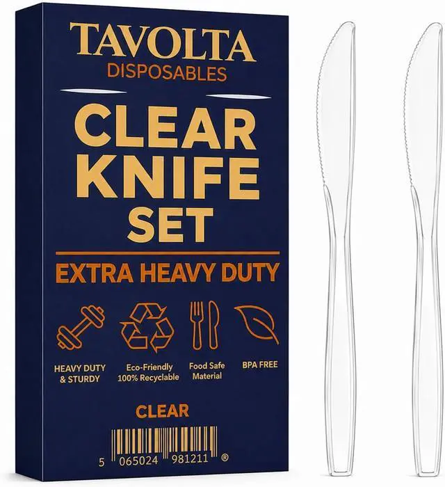 Main image of Plastic Knives Heavy Duty Disposable Clear Plastic Knives Bulk Silverware BPA Free Food Grade Sturdy Utensils for Party Wedding Catering Picnic BBQ Takeout To Go Dinner Events Supplies Pack x20