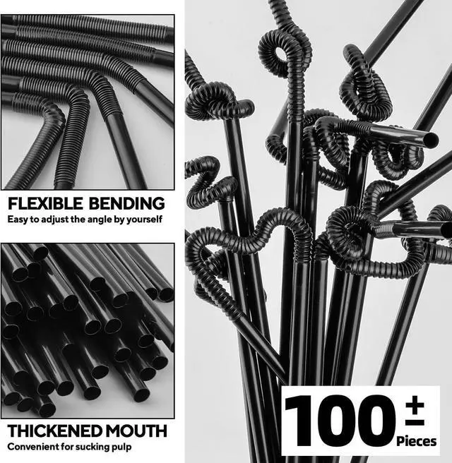 Alt view image 3 of 6 - SONGNASS 100PCS Black Flexible Plastic Straws,Black Disposable Bendy Party Fancy Straws13inch Extra Long Straws Party Decorations