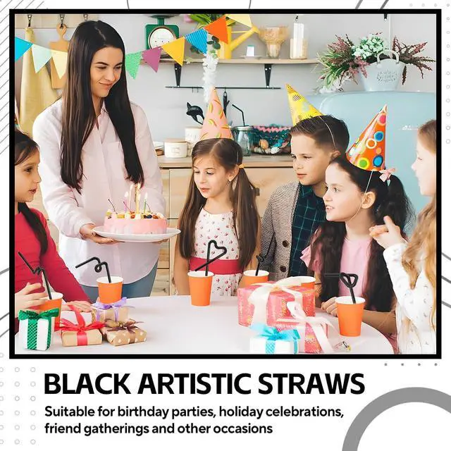 Alt view image 5 of 6 - SONGNASS 100PCS Black Flexible Plastic Straws,Black Disposable Bendy Party Fancy Straws13inch Extra Long Straws Party Decorations