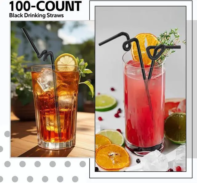 Alt view image 6 of 6 - SONGNASS 100PCS Black Flexible Plastic Straws,Black Disposable Bendy Party Fancy Straws13inch Extra Long Straws Party Decorations