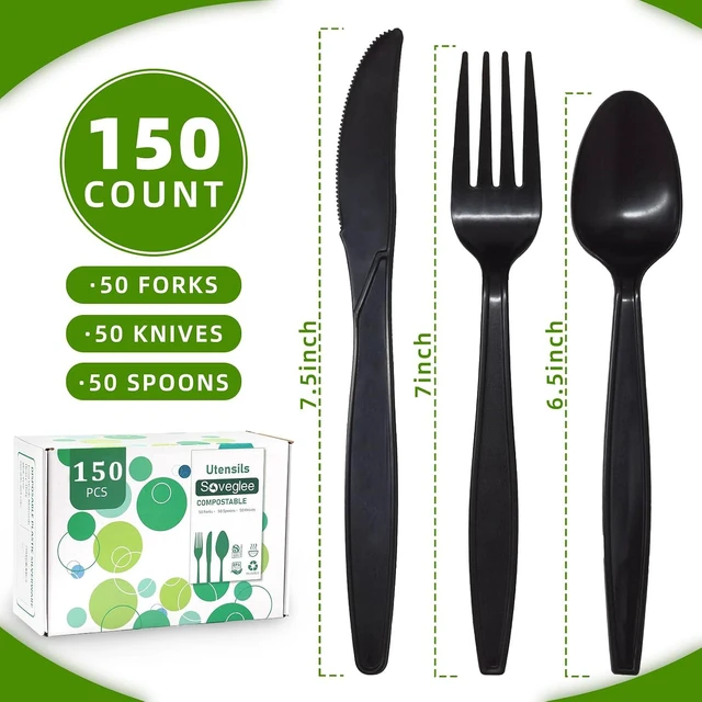 Alt view image 2 of 7 - Black No Plastic Silverware, Disposable Compostable Utensils 50 Forks 50 Spoons 50 Knives Disposable Cutlery, Eco Friendly Compostable Utensils, Disposable Forks Spoons Knives Set for Party Office