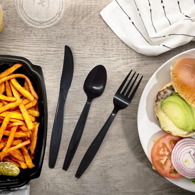 Alt view image 3 of 7 - Black No Plastic Silverware, Disposable Compostable Utensils 50 Forks 50 Spoons 50 Knives Disposable Cutlery, Eco Friendly Compostable Utensils, Disposable Forks Spoons Knives Set for Party Office