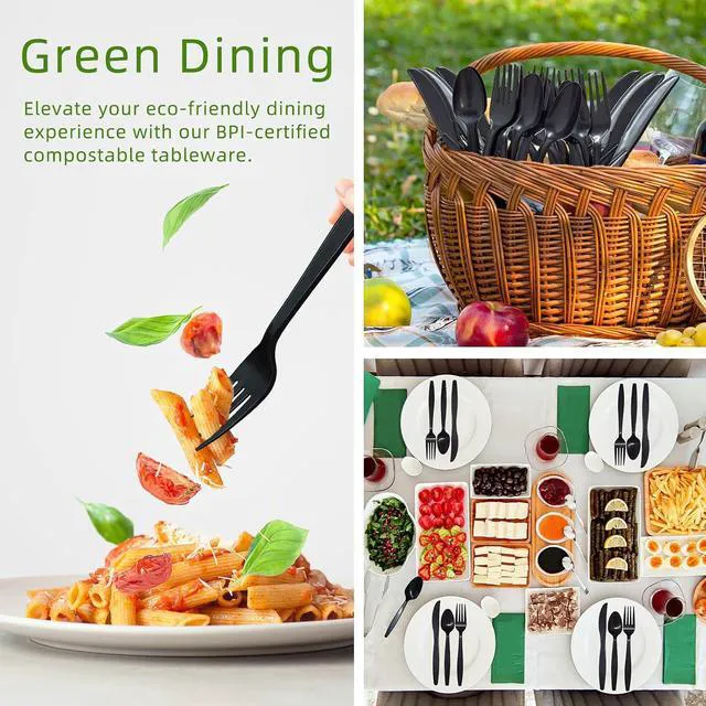 Alt view image 6 of 7 - Black No Plastic Silverware, Disposable Compostable Utensils 50 Forks 50 Spoons 50 Knives Disposable Cutlery, Eco Friendly Compostable Utensils, Disposable Forks Spoons Knives Set for Party Office
