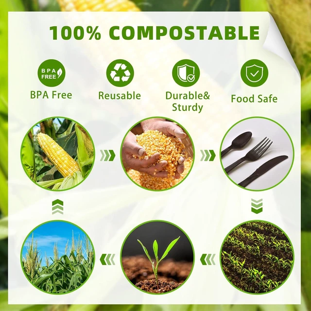 Alt view image 7 of 7 - Black No Plastic Silverware, Disposable Compostable Utensils 50 Forks 50 Spoons 50 Knives Disposable Cutlery, Eco Friendly Compostable Utensils, Disposable Forks Spoons Knives Set for Party Office