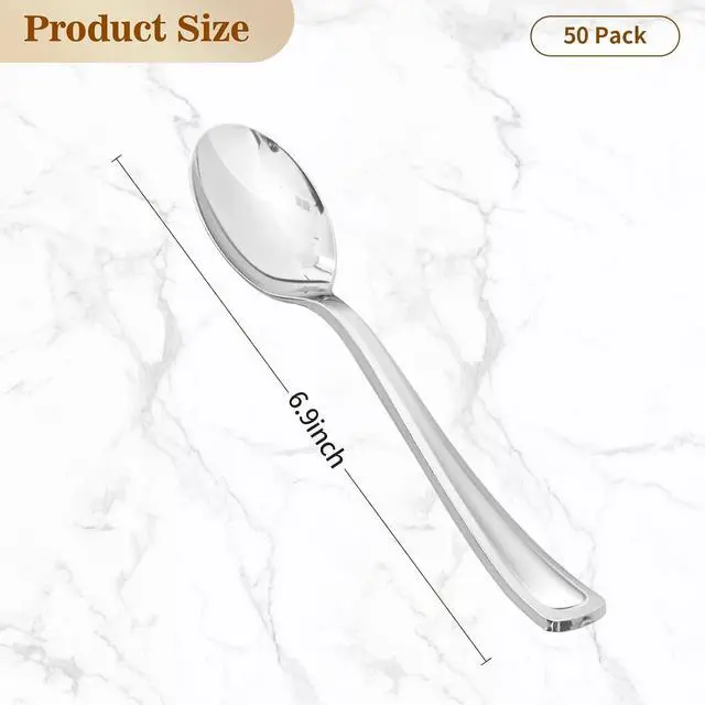 Alt view image 2 of 7 - BESTVIP 50 Pack 6.9 Inch Silver Heavy Duty Disposable Plastic Spoons