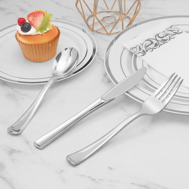 Alt view image 4 of 7 - BESTVIP 50 Pack 6.9 Inch Silver Heavy Duty Disposable Plastic Spoons