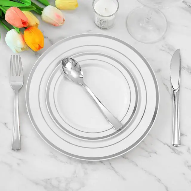 Alt view image 5 of 7 - BESTVIP 50 Pack 6.9 Inch Silver Heavy Duty Disposable Plastic Spoons