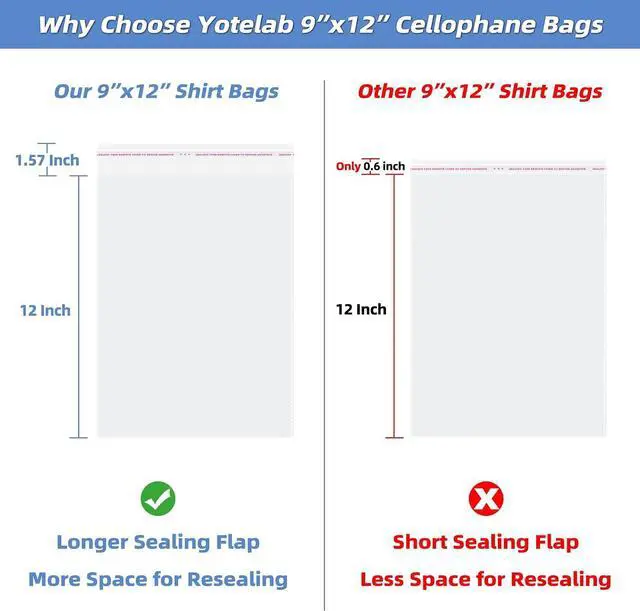 Alt view image 2 of 7 - Yotelab Clear Self Sealing Cellophane Bags for Shirts, 9x12 Inch, 50 Pcs
