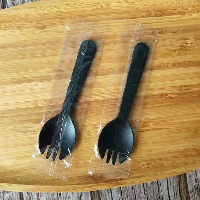 Main image of 100PCS Disposable Sporks, Individually Wrappe Eco-Friendly Durable Plastic Spork, 2 in 1 Forks and Spoons Great for Lunch, Picnics or Restaurant and Party Supply (Black)