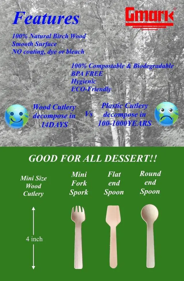 Alt view image 3 of 7 - Gmark 1.5mm Extra-Thick Mini Wooden Sporks (4 Inch) - 100 Count Heavy Duty 2-in-1 Birch Wood Utensils - Sturdy No-Snap Small Fork-Spoon Combo for Appetizers & Desserts - Eco-Friendly GM1058A