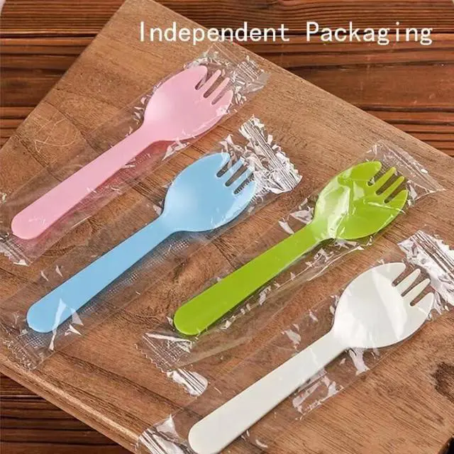 Alt view image 5 of 7 - 100PCS Disposable Sporks, Individually Packaged Plastic Spork for Cakes, Desserts, Ice Cream, Bread, Fork Spoon for Party, Wedding, Picnics, Buffet (Pink)