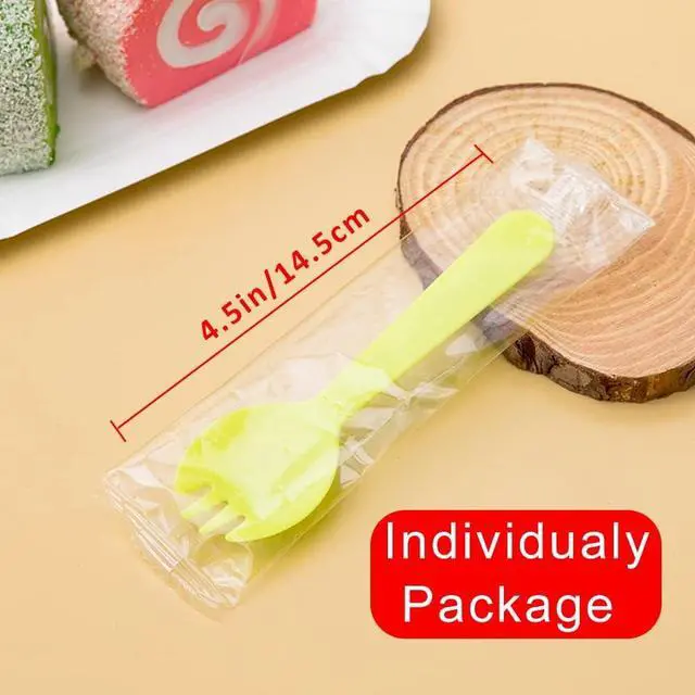 Alt view image 2 of 7 - 4.3" Mini Disposable Sporks 100ct, Plastic Spork 2-in-1 Utensils, 4 Colors, 25ct Individual Package Per Color - Made by Mavere