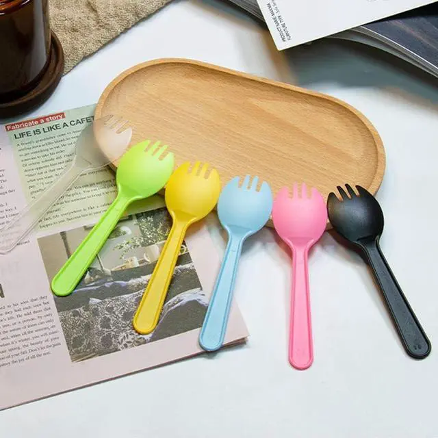 Alt view image 4 of 7 - 4.3" Mini Disposable Sporks 100ct, Plastic Spork 2-in-1 Utensils, 4 Colors, 25ct Individual Package Per Color - Made by Mavere