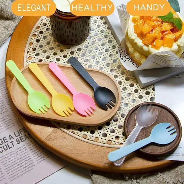 Alt view image 3 of 7 - 4.3" Mini Disposable Sporks 100ct, Plastic Spork 2-in-1 Utensils, 4 Colors, 25ct Individual Package Per Color - Made by Mavere