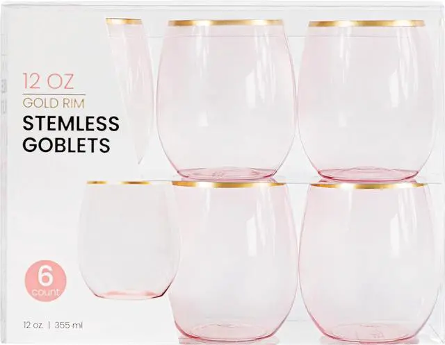 Main image of PLASTICPRO 6 Pack Pink With Gold Rim Plastic Wine Glasses Stemless Disposable 12 oz BPA Free Shatterproof Plastic Cups Wine Glasses for Parties