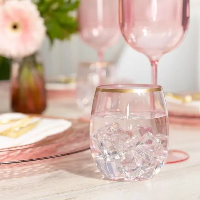 Alt view image 2 of 3 - PLASTICPRO 6 Pack Pink With Gold Rim Plastic Wine Glasses Stemless Disposable 12 oz BPA Free Shatterproof Plastic Cups Wine Glasses for Parties