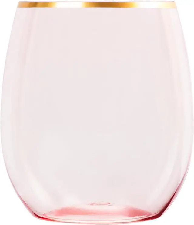 Alt view image 3 of 3 - PLASTICPRO 6 Pack Pink With Gold Rim Plastic Wine Glasses Stemless Disposable 12 oz BPA Free Shatterproof Plastic Cups Wine Glasses for Parties