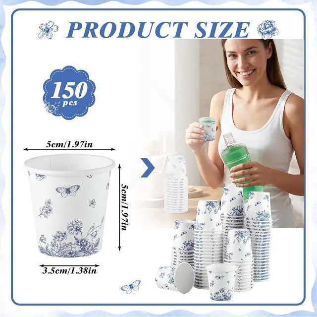 Alt view image 2 of 7 - 2 oz Bathroom Cups, 150Pcs Mini Mouthwash Cup Small Paper Cups Blue Floral