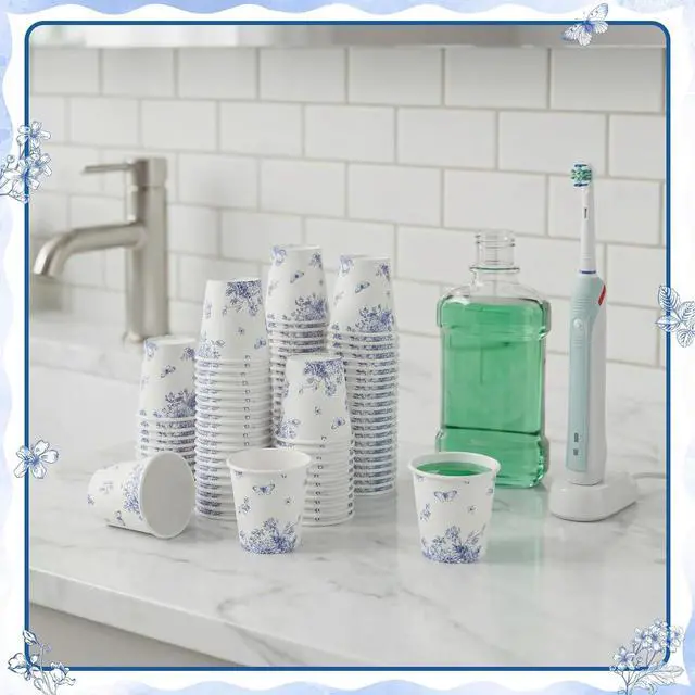 Alt view image 3 of 7 - 2 oz Bathroom Cups, 150Pcs Mini Mouthwash Cup Small Paper Cups Blue Floral