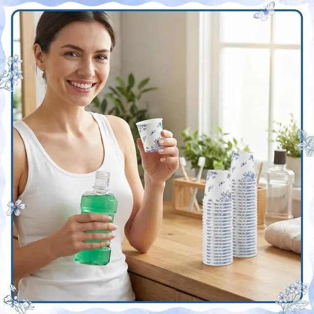 Alt view image 5 of 7 - 2 oz Bathroom Cups, 150Pcs Mini Mouthwash Cup Small Paper Cups Blue Floral
