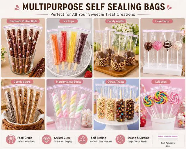 Alt view image 3 of 7 - 100 Pcs Self Sealing Cellophane Bags 2x10 Inches Clear Pretzel Rod Bags