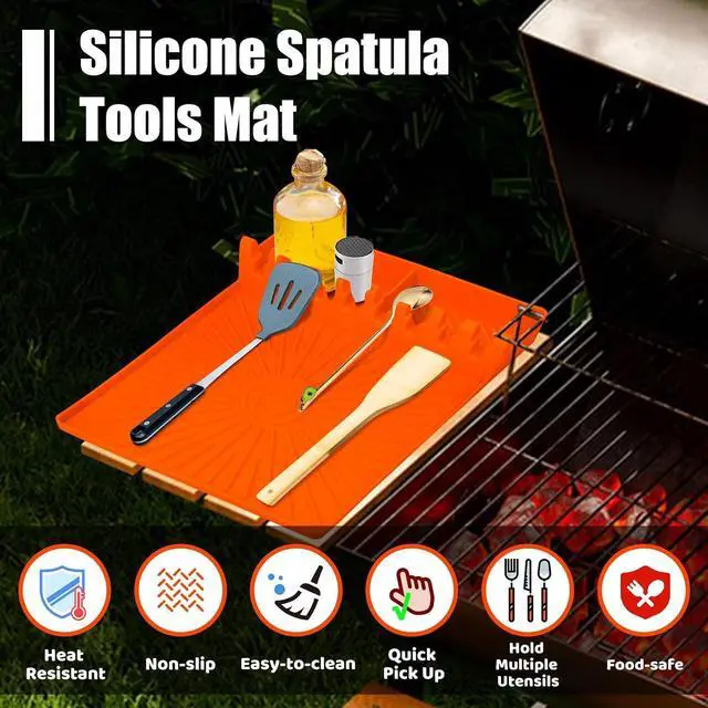Alt view image 2 of 7 - Large Silicone Grill Mat with Drip Pad, Heat Resistant Spatula Holder for Blackstone Side Shelf & Outdoor Kitchen Countertop, Reusable Griddle Accessories for BBQ Enthusiasts and Home Cooks