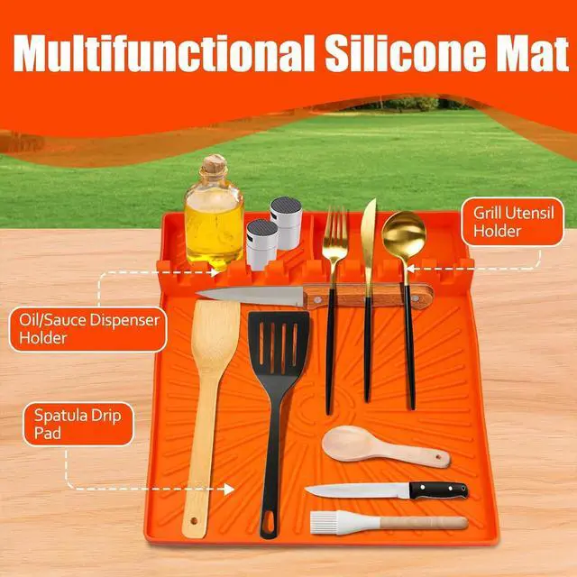 Alt view image 5 of 7 - Large Silicone Grill Mat with Drip Pad, Heat Resistant Spatula Holder for Blackstone Side Shelf & Outdoor Kitchen Countertop, Reusable Griddle Accessories for BBQ Enthusiasts and Home Cooks