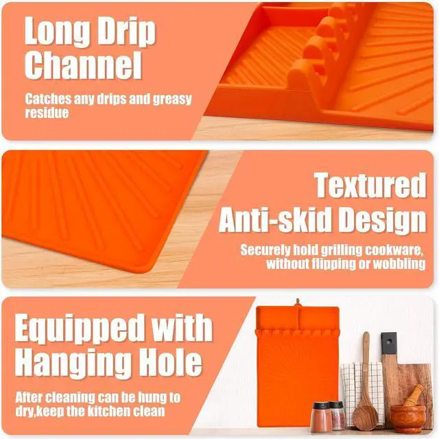 Alt view image 6 of 7 - Large Silicone Grill Mat with Drip Pad, Heat Resistant Spatula Holder for Blackstone Side Shelf & Outdoor Kitchen Countertop, Reusable Griddle Accessories for BBQ Enthusiasts and Home Cooks