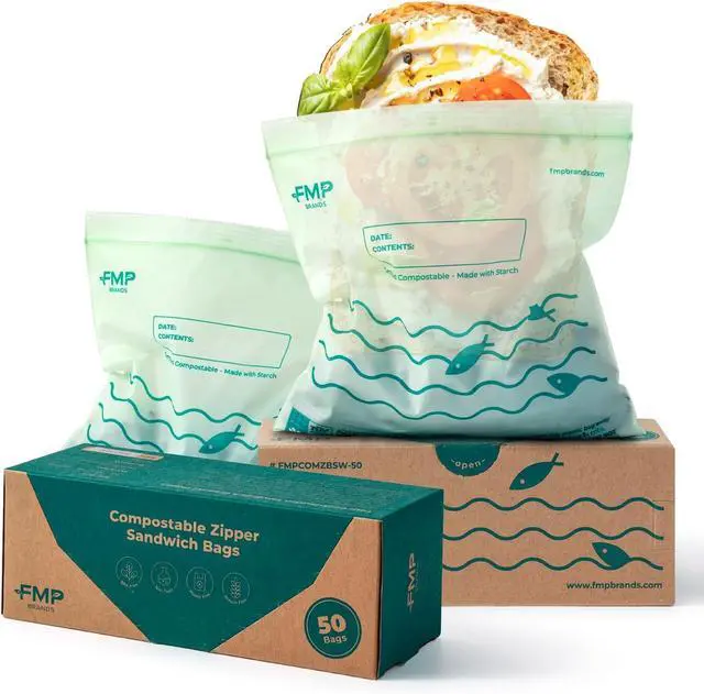 Main image of Fit Meal Prep 50 Pack 100% Compostable Sandwich Bags, 6.5 x 6.7" Resealable Food Storage Freezer Bags, Eco Friendly Snack Bags for Travel, ASTM D6400, US BPI & EU OK Compost Certified