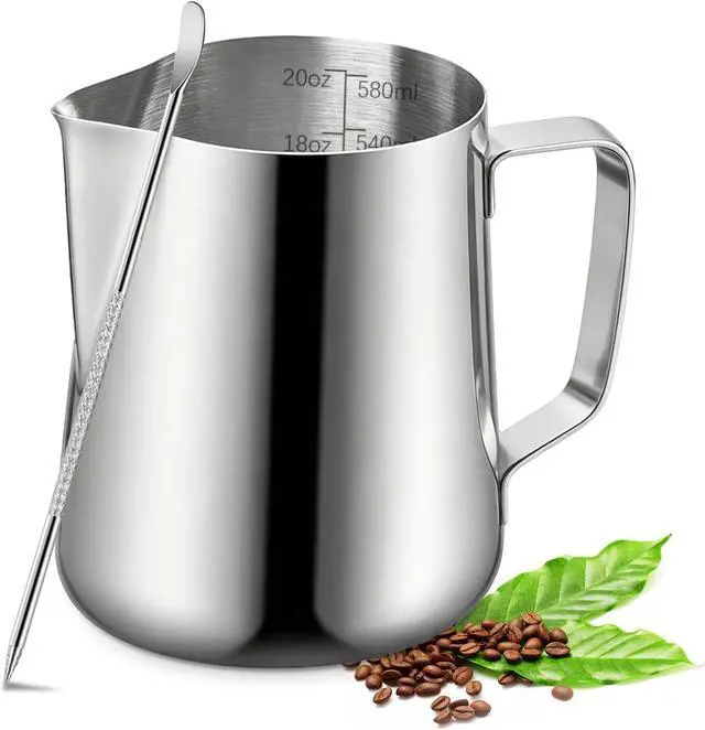Main image of Milk Frothing Pitcher, 600ml (20oz) Milk Frother Cup Stainless Steel Jug Steaming Pitcher, Milk Coffee Cappuccino Latte Art Barista Steam Pitchers Milk Jug Cup with Decorating Pen