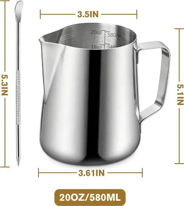 Alt view image 3 of 7 - Milk Frothing Pitcher, 600ml (20oz) Milk Frother Cup Stainless Steel Jug Steaming Pitcher, Milk Coffee Cappuccino Latte Art Barista Steam Pitchers Milk Jug Cup with Decorating Pen