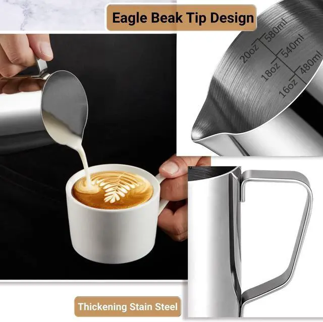 Alt view image 4 of 7 - Milk Frothing Pitcher, 600ml (20oz) Milk Frother Cup Stainless Steel Jug Steaming Pitcher, Milk Coffee Cappuccino Latte Art Barista Steam Pitchers Milk Jug Cup with Decorating Pen