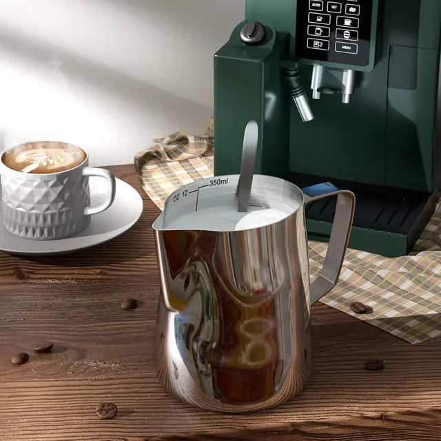 Alt view image 2 of 7 - Milk Frothing Pitcher Cup, 12oz/350ML Milk Frother Cup Stainless Steel Steaming Pitcher Milk Jug Coffee Latte Art Cappuccino Espresso Machine Accessories Barista Steam Pitchers Attached Dessert Spoons