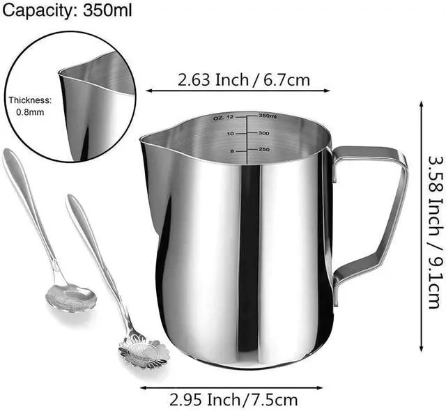 Alt view image 6 of 7 - Milk Frothing Pitcher Cup, 12oz/350ML Milk Frother Cup Stainless Steel Steaming Pitcher Milk Jug Coffee Latte Art Cappuccino Espresso Machine Accessories Barista Steam Pitchers Attached Dessert Spoons