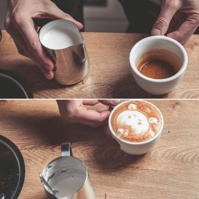Alt view image 4 of 7 - Milk Frothing Pitcher Cup, 12oz/350ML Milk Frother Cup Stainless Steel Steaming Pitcher Milk Jug Coffee Latte Art Cappuccino Espresso Machine Accessories Barista Steam Pitchers Attached Dessert Spoons