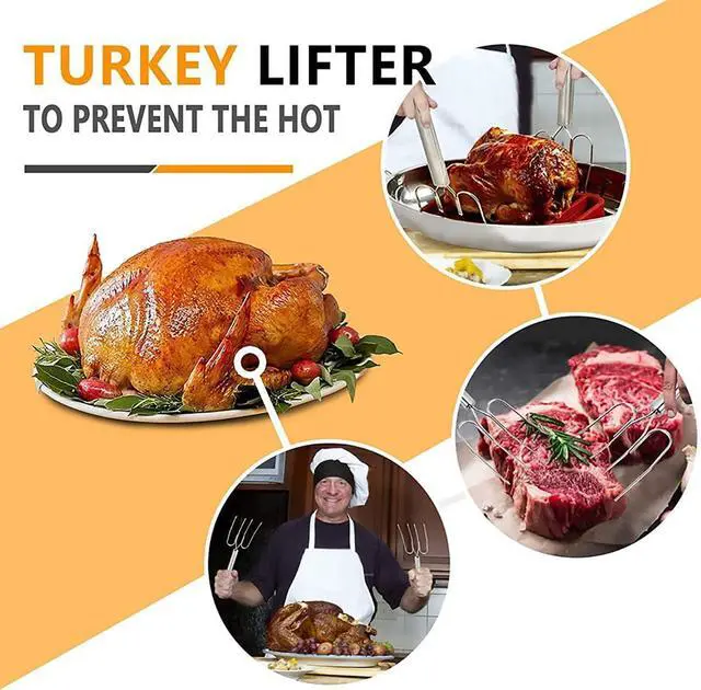 Alt view image 4 of 7 - 2-Pack Stainless Steel Turkey Lifter Multi-end Turkey Fork Pork Steak Grill Fork BBQ Hot Dog Roasting Sticks Camping Needle Skewers Thanksgiving