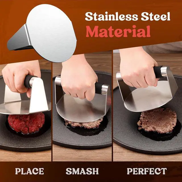 Alt view image 4 of 6 - Pisol Smash Burger Press, Hamburger Smasher Tool for Griddle, Stainless Steel Ham Patty Press with Anti-Scald Handle, 5.5" Non Stick Grill Press for Smashburger, Bacon, Ground Beef, Meat, Sausage